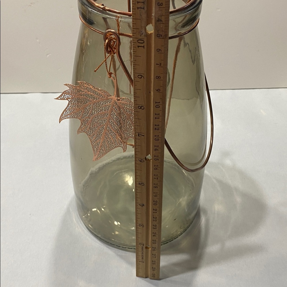Tall Large smoky Glass votive lantern rose gold accent leaf and wired handle - Picture 5 of 7